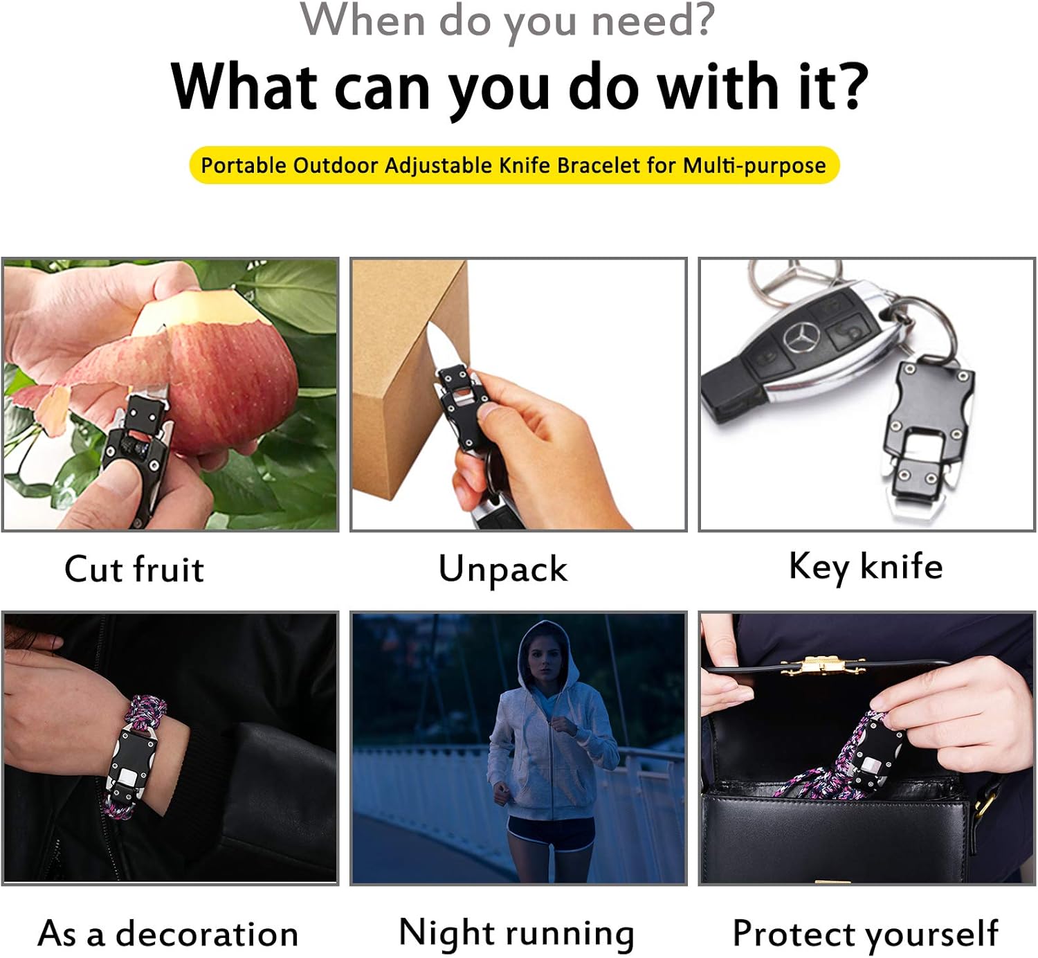 Adjustable Paracord Knife Bracelet, Survival Cord Bracelet with Knife, Tactical EDC Paracord Bracelet for Outdoor Hiking Traveling Camping, Paracord Bracelet for Men & Women (Adjustable Black Gray) : Sports & Outdoors