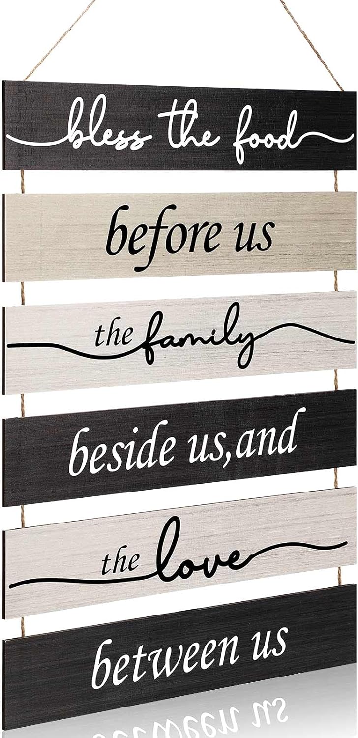 Bless The Food Before Us Wood Wall Sign Large Rustic Hanging Wall Decoration Vintage Farmhouse Wall Decor Hanging Wood Sign for Home Kitchen Living Room Dining Room Decor (Classic Color)