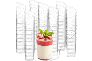 Tosnail 100 Pack 2.5 Oz/75ML Mini Plastic Dessert Appetizer Tumbler Cups with 100 Spoons, Clear Parfait Cup Slanted Pudding C