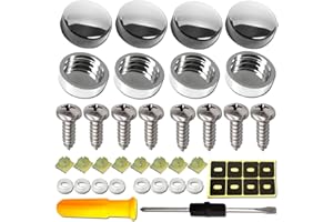 Aootf Stainless Steel License Plate Screws-8PC M6X20mm Rust Resistant Stainless Steel Screw, Self Tapping License Plate Bolt Fastener for Securing License Plate Frame, Chrome Caps, Anti-Rattle Pad