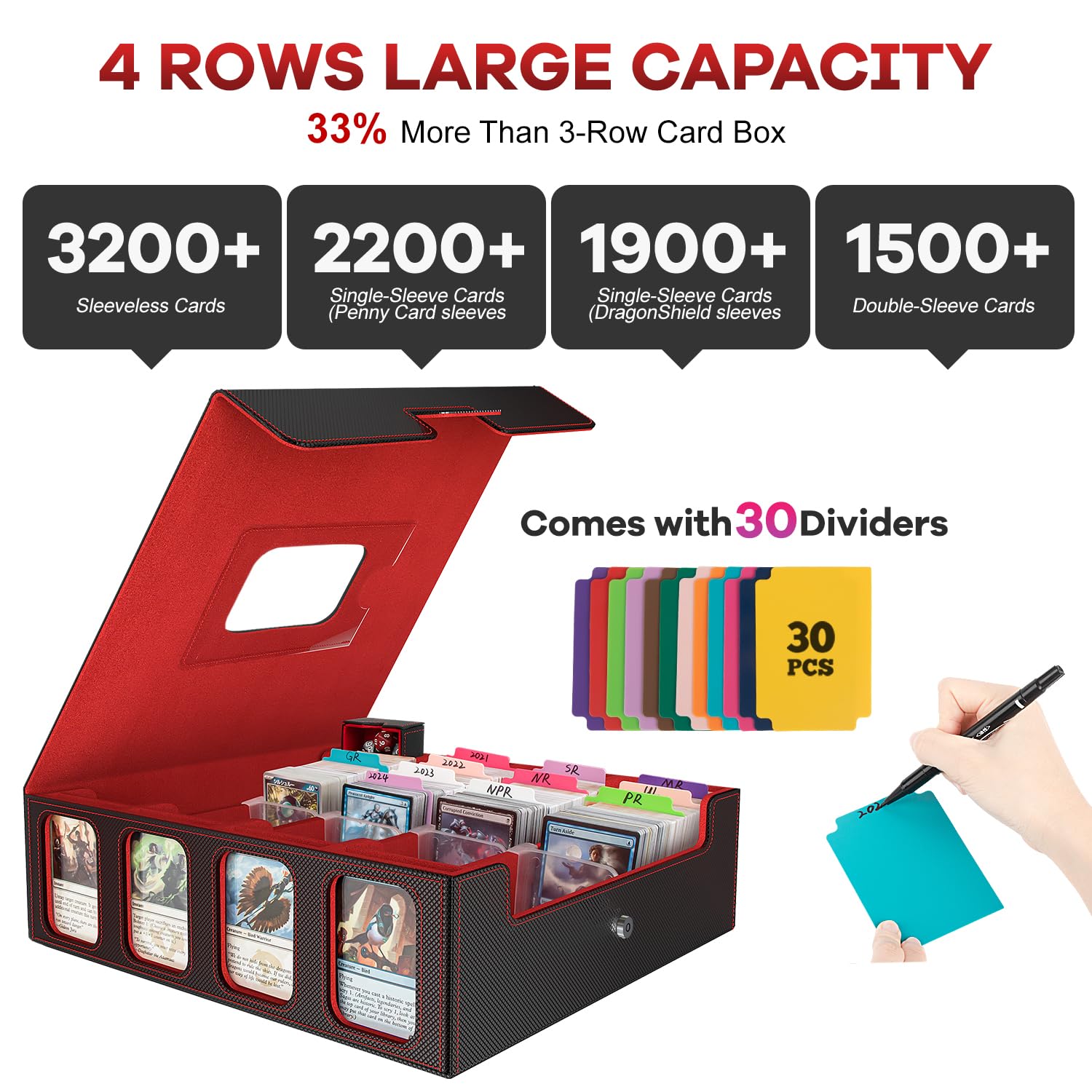 Card Storage Box 3200+ MTG Deck Box with 30 Colorful Divider, 4 Row Commander Trading Card Cases with Portable Handle & Display Windows, Fits for MTG/TCG/Magic Cards, Patented Design