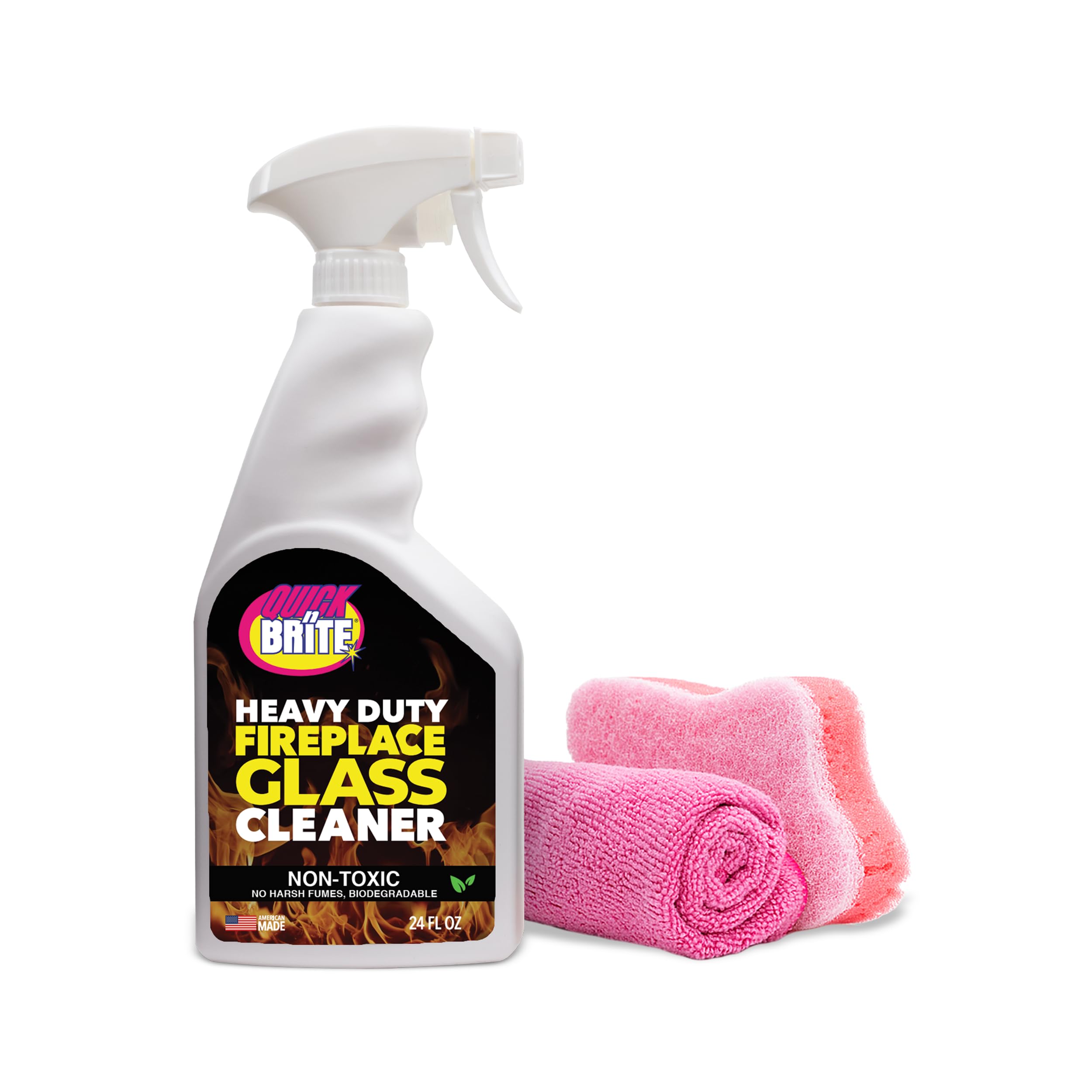 Photo 1 of Quick N Brite Fireplace Glass Cleaner 24oz, with Sponge and Microfiber Towel