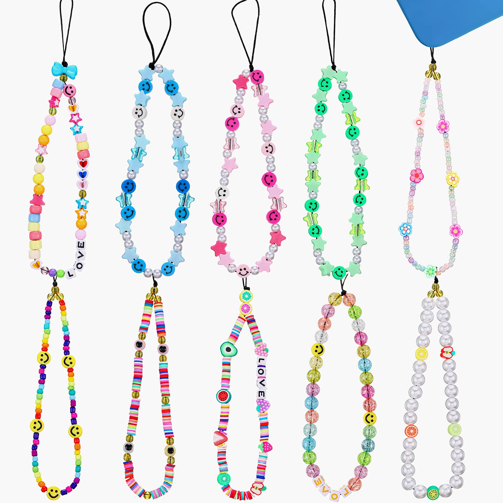 10 Pieces Beaded Phone Lanyard Wrist Strap Beaded Phone Lanyard Phone Charms Phone Chain Phone Charm Strap Acrylic Star Fruit Rainbow Color Bead โfor Cell Phones Keys Wallets Flat Computer