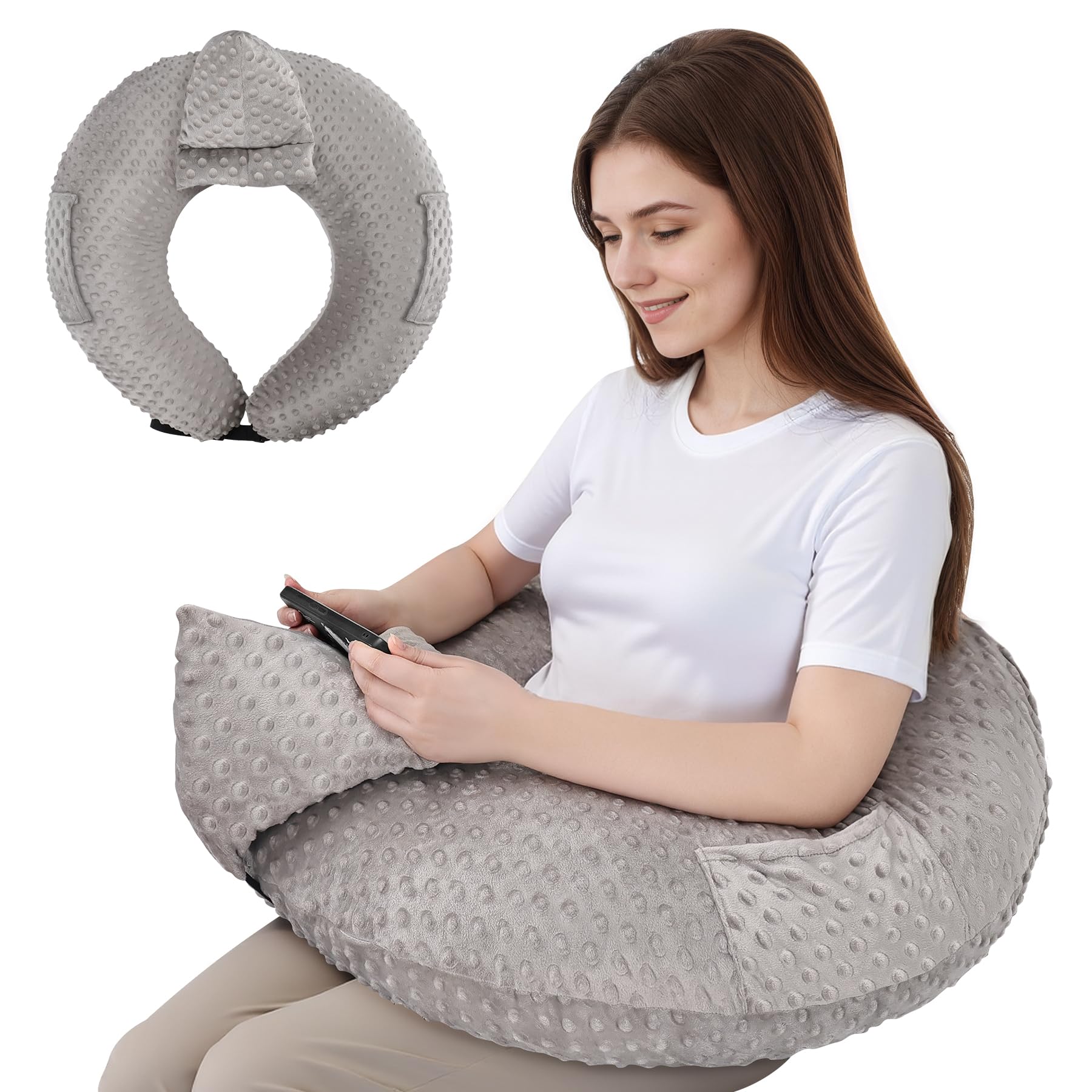 Photo 1 of COOLBEBE Reading Pillow for Gaming, Arm Rest Support Pillow, U-Shaped Lap Pillow for Bed & Sofa, Compact Gaming Pillow with Tablet Support for Reading, Crocheting (Grey)
