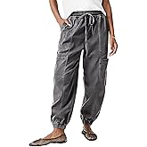 Flamingals Women's Straight Leg Pants High Rise Barrel Leg Cargo Drawstring Multi Pockets Cropped Jogger Pants