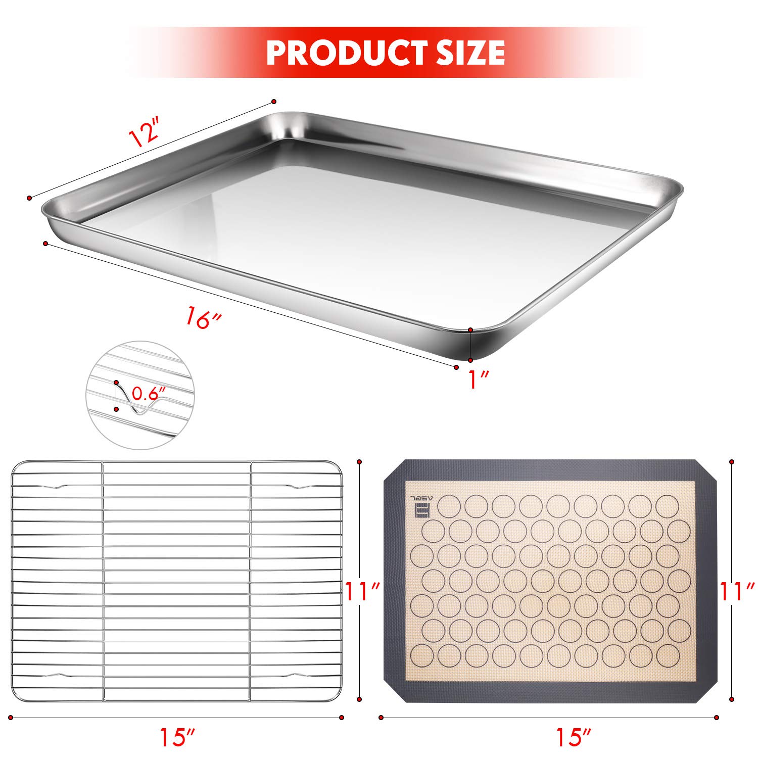 ASEL Stainless Steel Baking Pans Tray Cooling Rack with Silicone Mat