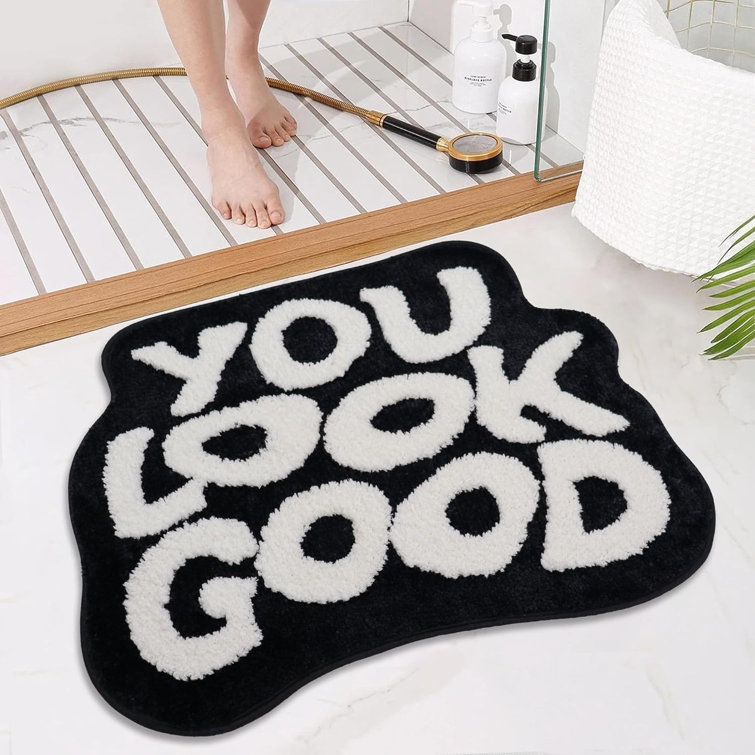 Waslary You Look Good Bath Mat 64x54cm, Non Slip Bathtub Mat Absorbent Rug for Bathroom Kitchen and Bedroom(Black)