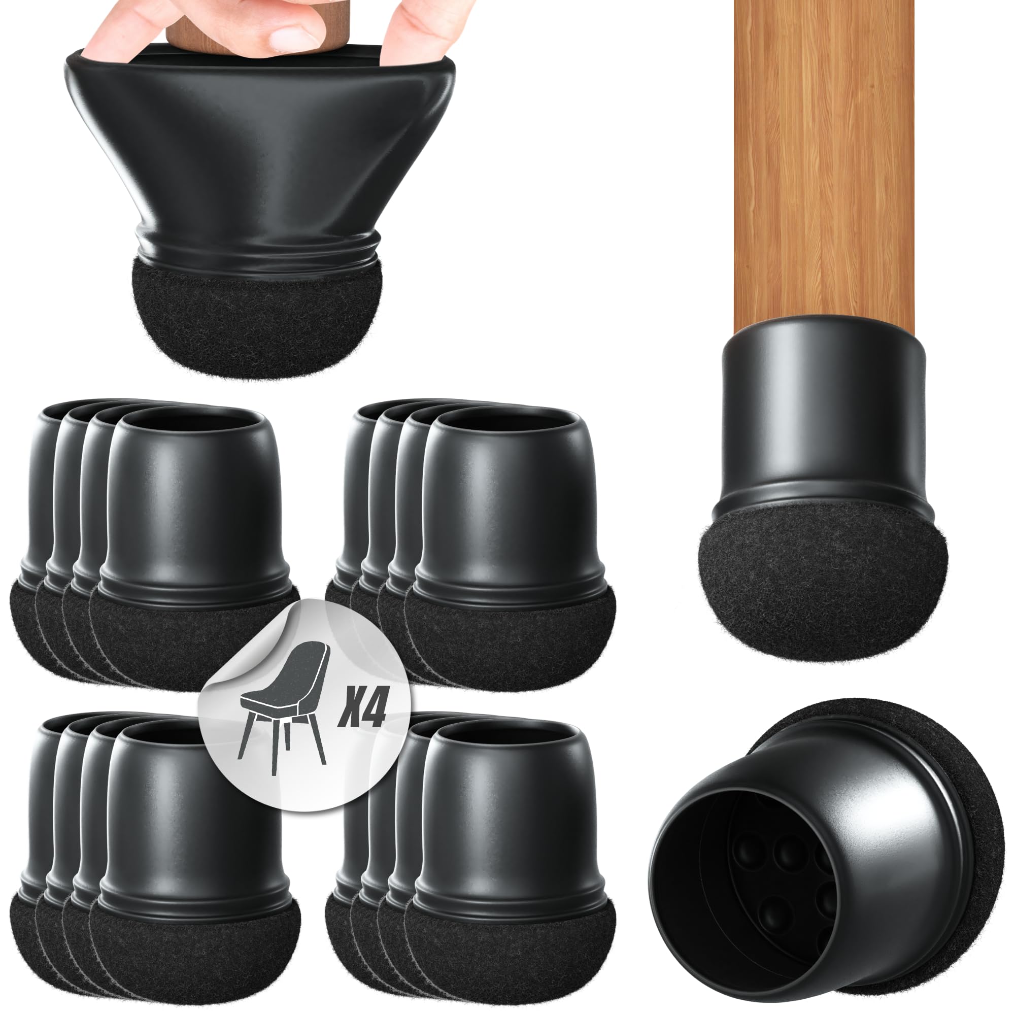 HOMETOWN Premium Pack of 16 Silicone Chair Leg Caps Protective Caps with Extra Thick Felt for Floor Protection Set for 4 Chairs Round Black Fils Chair Leg Socks Felt Gliders 14-19 mm