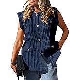 Saodimallsu Womens Sleeveless Sweater Vest Button Up Cable Knit Crew Neck Trendy Casual Loose Summer Cardigan