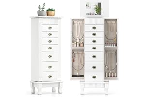 Giantex Standing Jewelry Cabinet with 7 Drawers, Flip-Top Mirror, 2 Side Doors with 12 Necklace Hooks, Divided Ring Compartments, Velvet-Lined Jewelry Armoire Organizer Chest (White)
