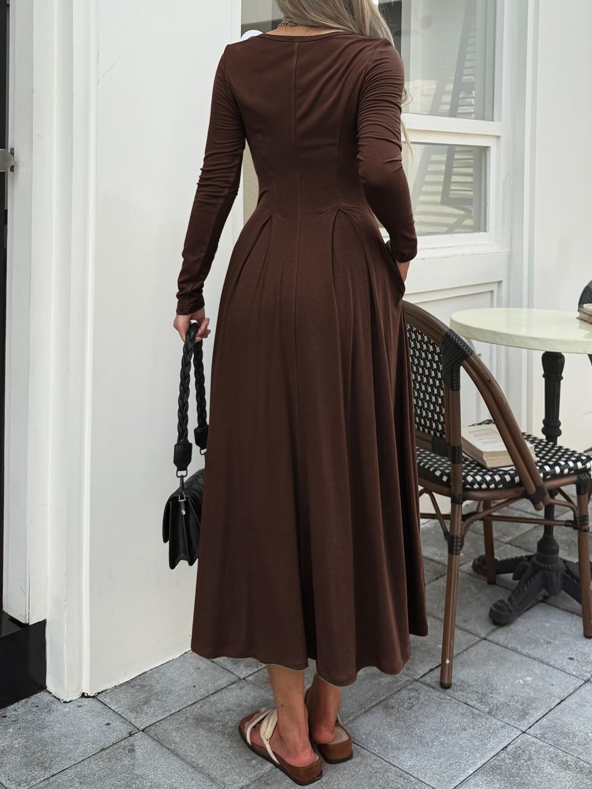 Mieazom Women Long Sleeve Square Neck Maxi Dress A-Line Pleated Flowy Elegant Party Cocktail Winter Fall Dresses with Pockets Brown S