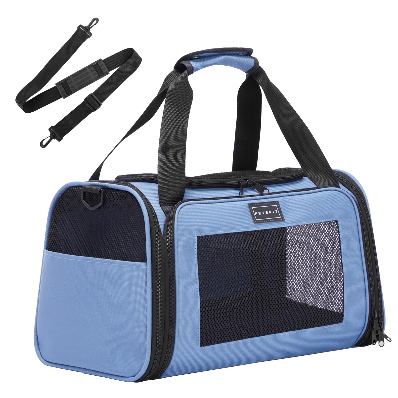 PETSFIT Cat Carrier with Extendable Fleece Mat, Pet Carrier Airline Approved，Cabin Size for Travel, Vet Visit Up to 12 Lbs (44 * 26.5 * 27CM, Blue)