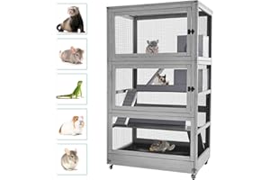 SUUMERPETY Large Guinea Pig Cage,4 Levels Wooden Ferret Cage with Wheels,Chinchilla Cage Upgrade Metal Frame Rat Cage for Indoor Outdoor (4 Level)