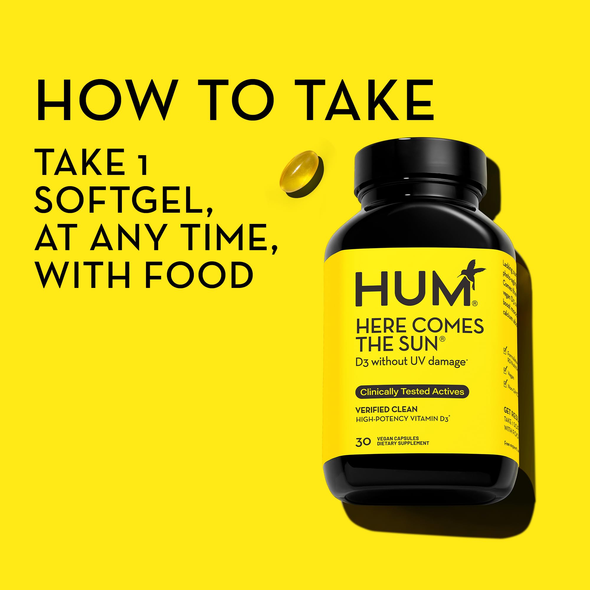 HUM Here Comes The Sun Immune Support Supplement with Vitamin D Supplements for Women and Men for a Healthy Immune System, D3 Vitamin Supports Bone Health, 30 Capsules