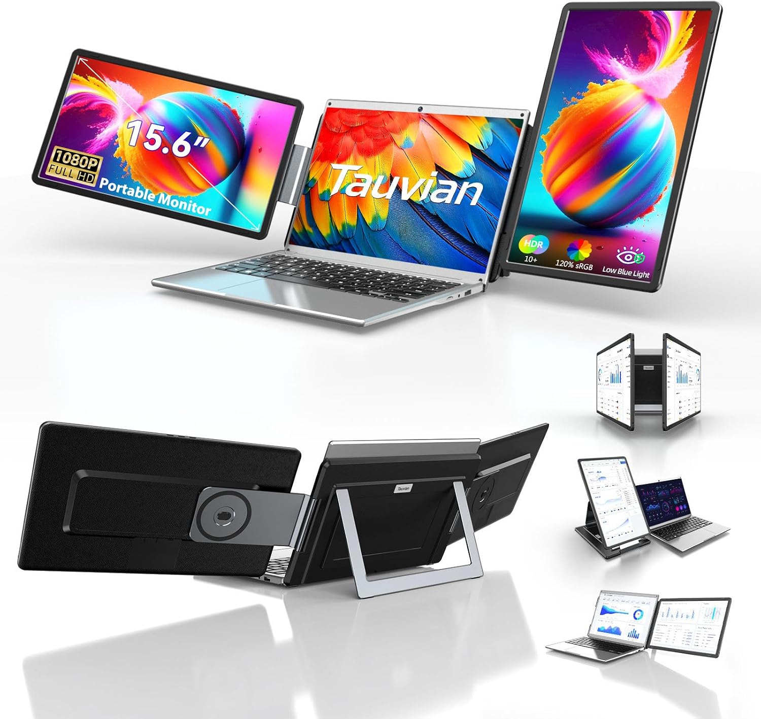 Tauvian 15.6" Laptop Screen Extender, FHD 1080P IPS Portable Triple Monitor for Laptops 13.3"-17.3", USB-C/HDMI Plug & Play, 120% sRGB Low Blue Light Detachable Monitor Extender for Windows/MacOS