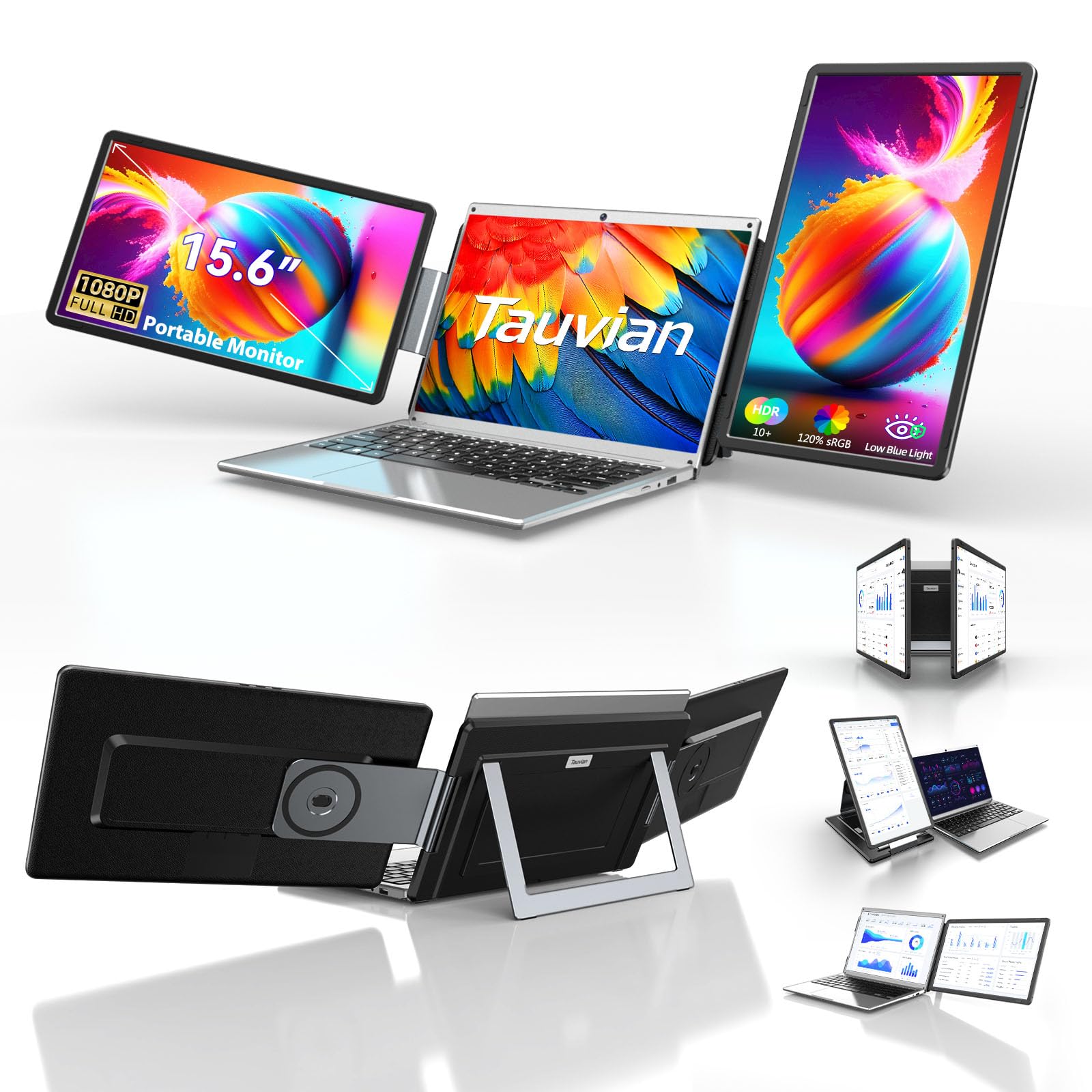 Photo 1 of Tauvian 15.6" Laptop Screen Extender, FHD 1080P IPS Portable Triple Monitor for Laptops 13.3"-17.3", USB-C/HDMI Plug & Play, 120% sRGB Low Blue Light Detachable Monitor Extender for Windows/MacOS