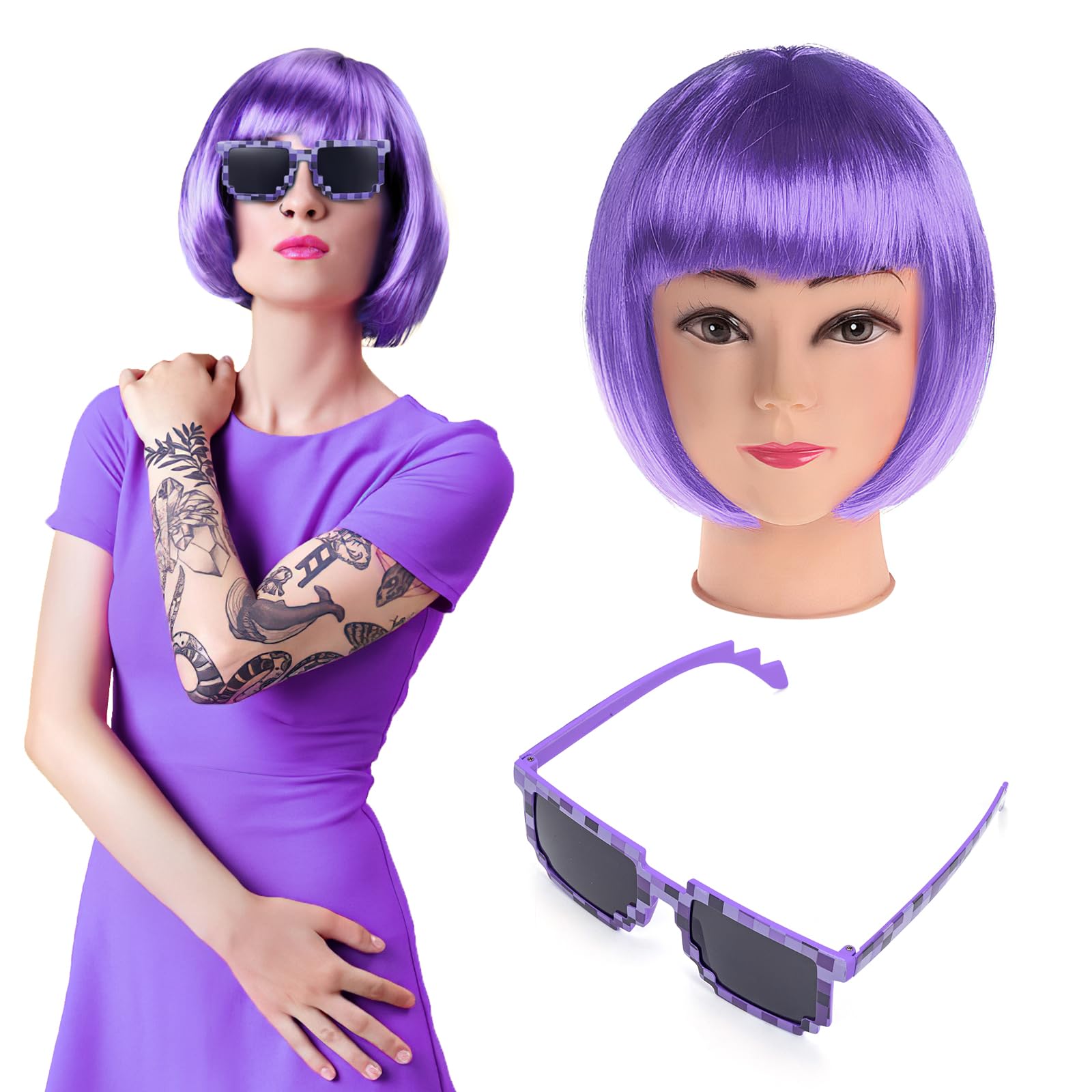 Ladies Short Bob Hair Wig, Costume Cosplay Wigs Daily Party Hairpiece for Women Girls, Bob Colorful Wigs Fancy Dress Accessory for Disco Bachelorette Party Night Club, with Sunglasses, Purple