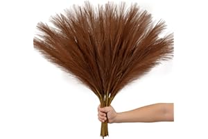FOTEEWL 12PCS Faux Pampas Grass 24"/61cm Artificial Pompous Grass Fake Pompass Branches Vase Filler Flower Arrangement for Home,Living Room, Kitchen, Wedding,Boho Decor (Dark Brown)