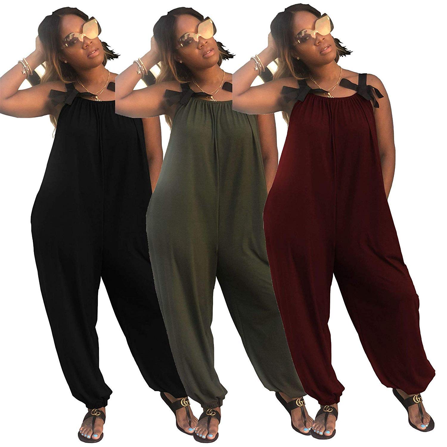 Women Baggy Harem Jumpsuits - Solid Color Sleeveless Loose Casual Long Pants Jumpsuit Rompers Black S