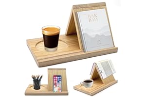 Wooden Book Rest Stand, Triangle Book Holder with Coffee Cup Tray, Gifts for Book Lovers No Assembly Needed, Book Nook Readin
