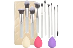 YJ-Anyue 10 Piece Makeup Brushes Set and 3 Piece Makeup Sponge - Wooden Handle with Soft Synthetic Bristles, for Face & Eye Makeup | Professional Cosmetic Brushes | Includes Travel Pouch