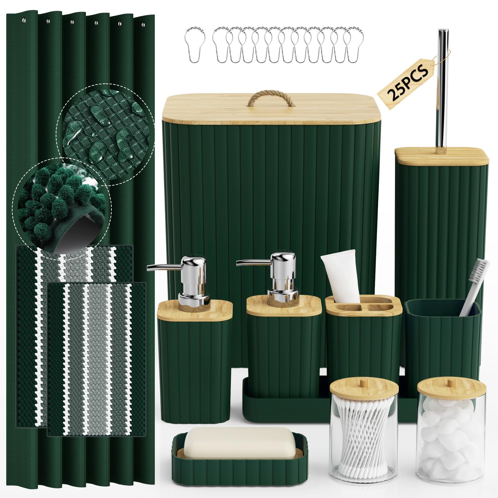 Photo 1 of InnJoey Bathroom Accessory Set - 25PC Bathroom Sets with Shower Curtain and Rugs, Green Bathroom Set, Bathroom Accessories Set, Shower Curtain Sets with Rugs, Bathroom Trash Can & Soap Dispenser