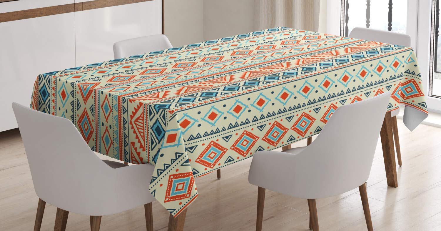 ABAKUHAUS Tribal Tablecloth, Mexican Style Aztec Patterned Retro Hand Drawn Design Abstract, Dining Room Kitchen Table Cover, 54" x 78", Orange Ivory Blue