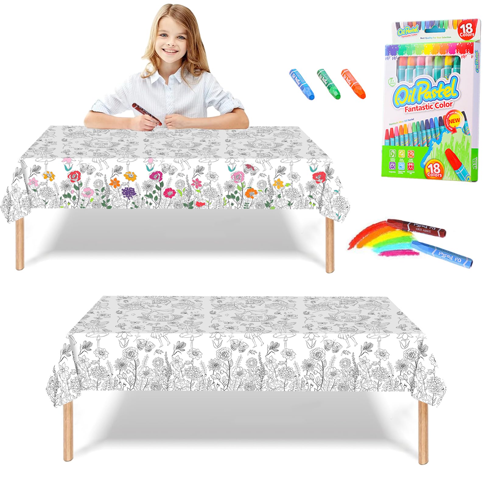Giant Colouring Poster Table cloth for Kids,47x71inch Flower Colouring Posters with 18 Paint Pens Coloring Educational Poster Drawing Paper Table Cover Wall Doodle Art for Boys Girls Birthday Gift — image 1