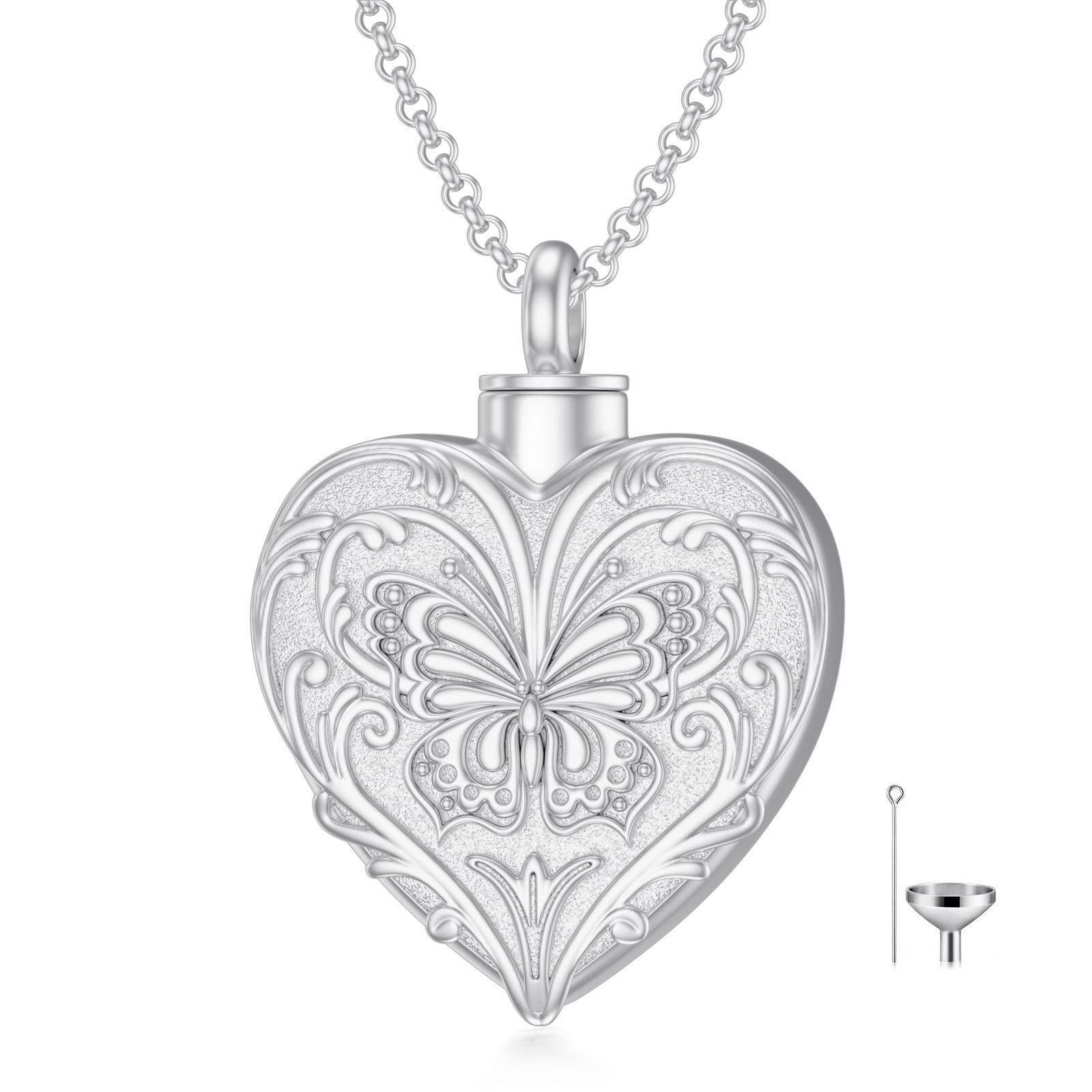 SOULMEET White Gold Plated Butterfly Cremation Jewelry for Ashes, Heart Butterfly Urn Necklace that Holds Human Dog Cat Ashes, Carry Memorial Jewelry to Keep Someone Always with You