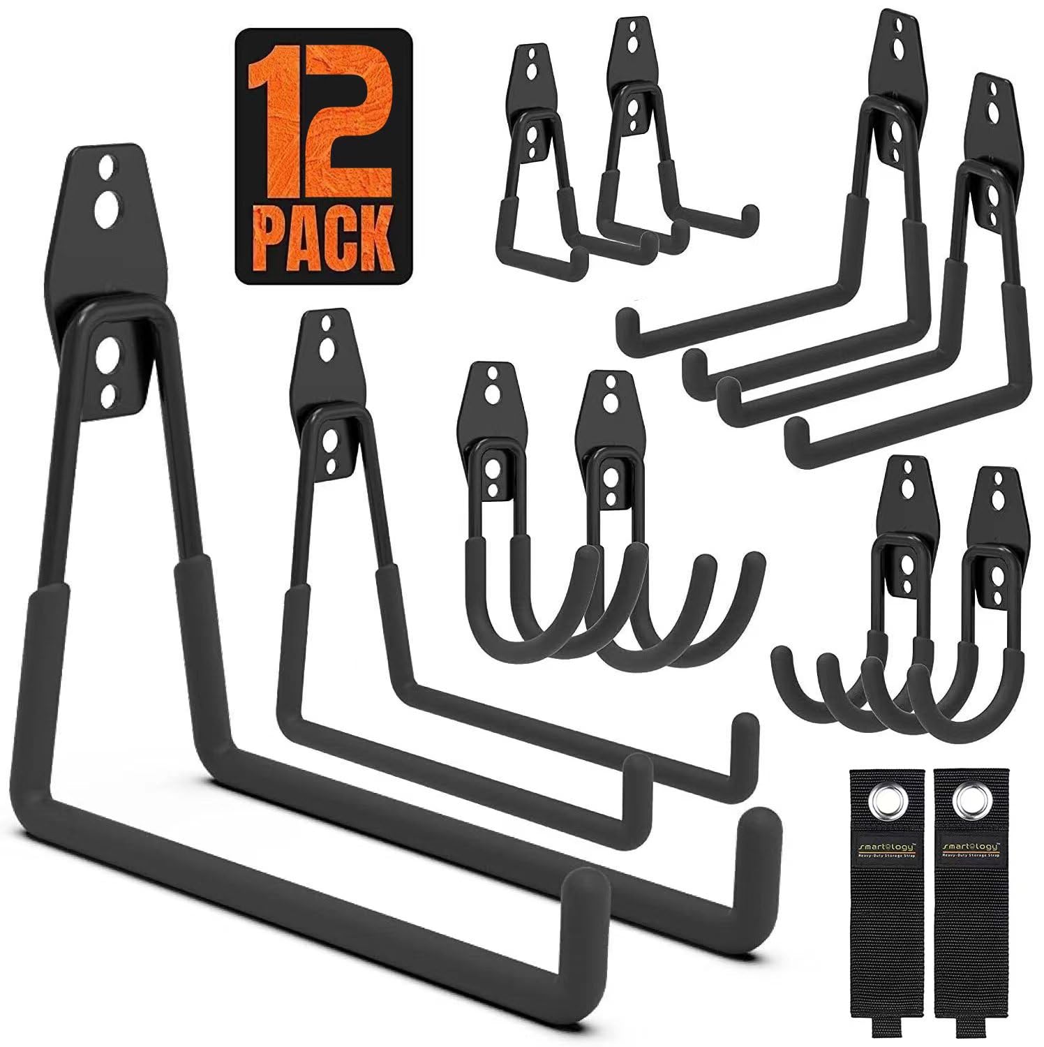 Garage Hooks, 12 Pack Wall Storage Hooks with 2 Extension Cord Storage Straps, Heavy Duty Tool Hangers for Utility Organizer, Wall Mount Holders for Garden Lawn Tools, Ladders, Bike (Black)
