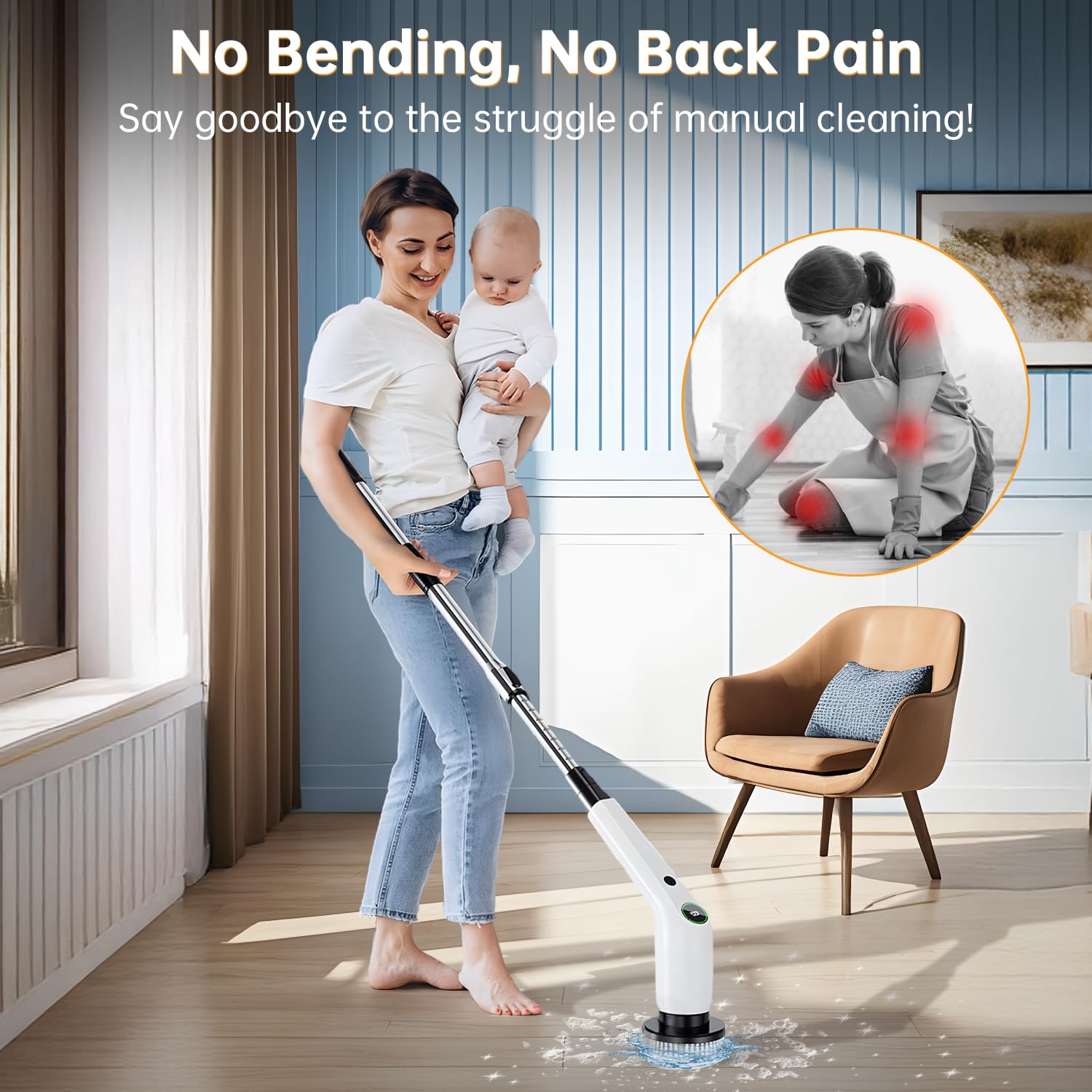 Electric Spin Scrubber, Cordless Shower Scrubber with 8 Scrub Brush, 2 Speed with Adjustable Extension Handle, Battery Level Display, Power Scrubber for Bathroom Bathtub Tile Floor, Black