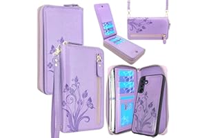 Lacass Wallet for Samsung Galaxy A15 5G, Crossbody Dual Zipper Detachable Magnetic Leather Wallet Case Cover Wristlets Wrist Strap 13 Card Slots Money Pocket (Floral Purple)