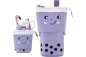 ANGOOBABY Standing Pencil Case Cute Telescopic Pen Holder Kawaii Stationery Pouch Makeup Cosmetics Bag for School Students Office Women Teens Girls Boys Christmas Gift (Purple)