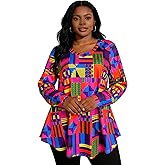 Sinono African Dashiki Top for Women - Boho Long Sleeve V Neck Loose Tunic with Ethnic Print
