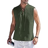 COOFANDY Men Tank Top Cotton Linen Beach Sleeveless Shirt Lace Up Bohemian Hippie Renaissance Pirate Kilt Medieval Tunic