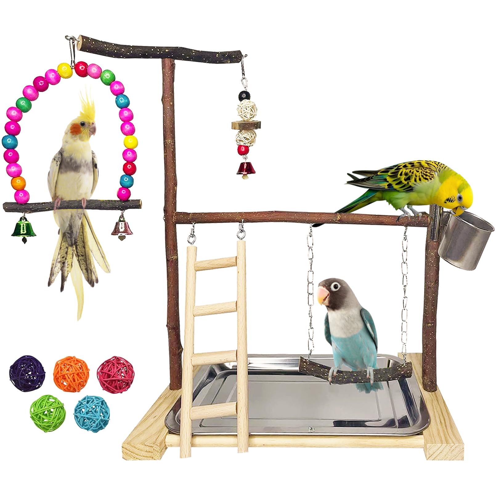 Bird Playground Parrot Playstand Parakeet Gym Playpen Cockatiel Play Stand Wood Perch Exercise Activity Center Ladders Feeder Cups Cage Accessories Swing Chew Toys for Cockatoo Budgie Lovebird Finch