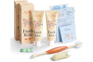 FlyDog Fresh Kiss Dog Tooth Brushing Kit - Vet Approved Formula, Enzymatic Dog Toothpaste and Brush - Breath Freshener & Tartar Remover, 360° Toothbrush & Finger Brush, Dental Guide, Mint Flavor