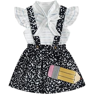Kupretty Toddler Girl Back to School PreK Kindergarten Dress | First Day of School Outfit, Ruffle Shirt Suspender Skirt Set,