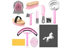Abbylike 12 Pieces Horse Grooming Kit Racing Festival Tack Room Supplies Horse Brush Sets Equine Care Cleaning Kit Shedding Grooming Massaging Tools(Pink and Grey)