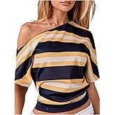 SweatyRocks Women's Striped Off The Shoulder T Shirts Y2k Dolman Sleeve Ruched Going Out Tops