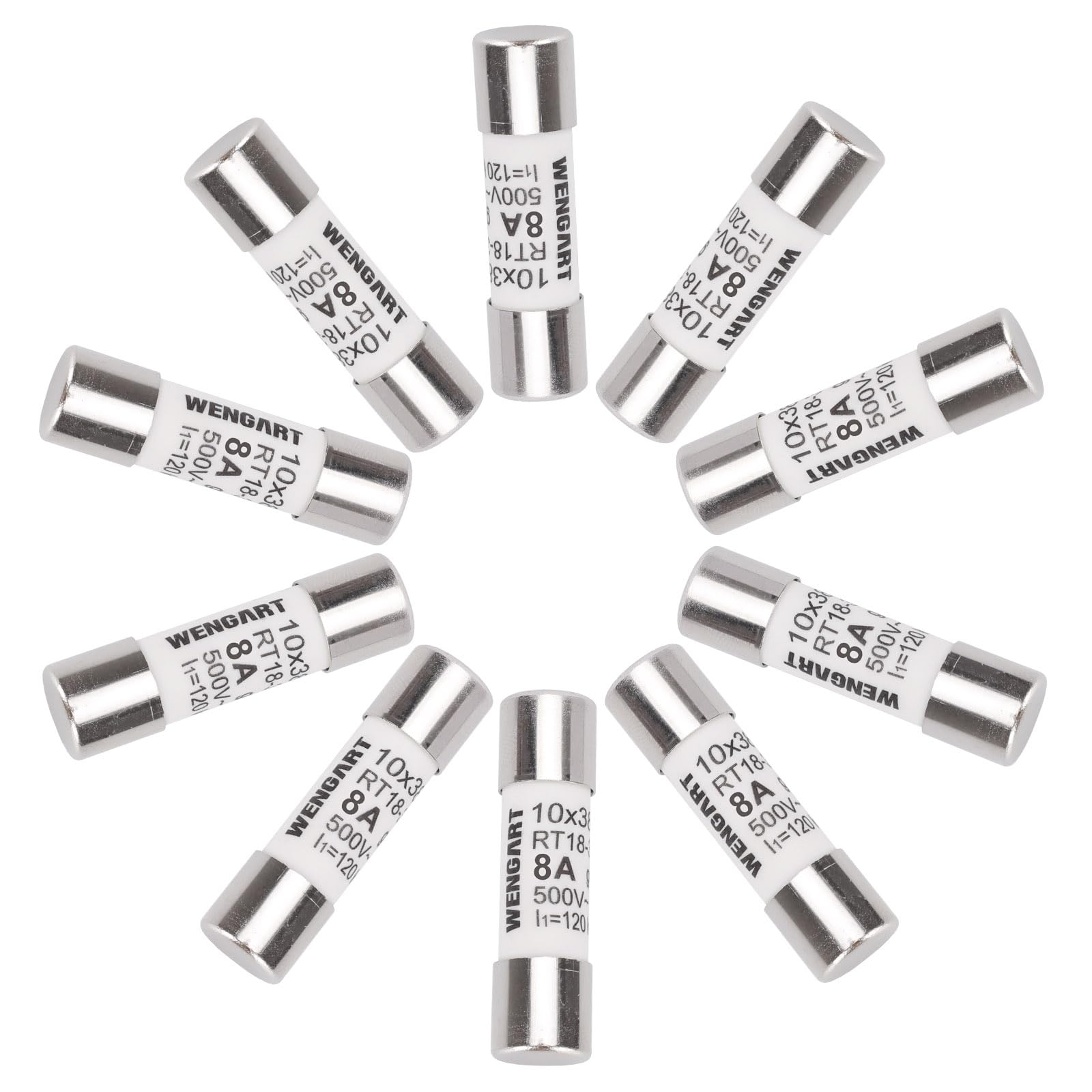 Wengart AC Cylindrical Fuse Link RT18-32 (RO15), AC500V 8A, 120kA, 10x38mm, 10 pieces, Strong Breaking Capacity, Can Reliably Protect The Circuit