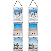 Lavezee 5x7 Collage Hanging Triple Picture Frames Set, 6 Opening Distressed White Vertical Frame Made to Display 5 by 7 Inch Photo Prints for Wall Decor