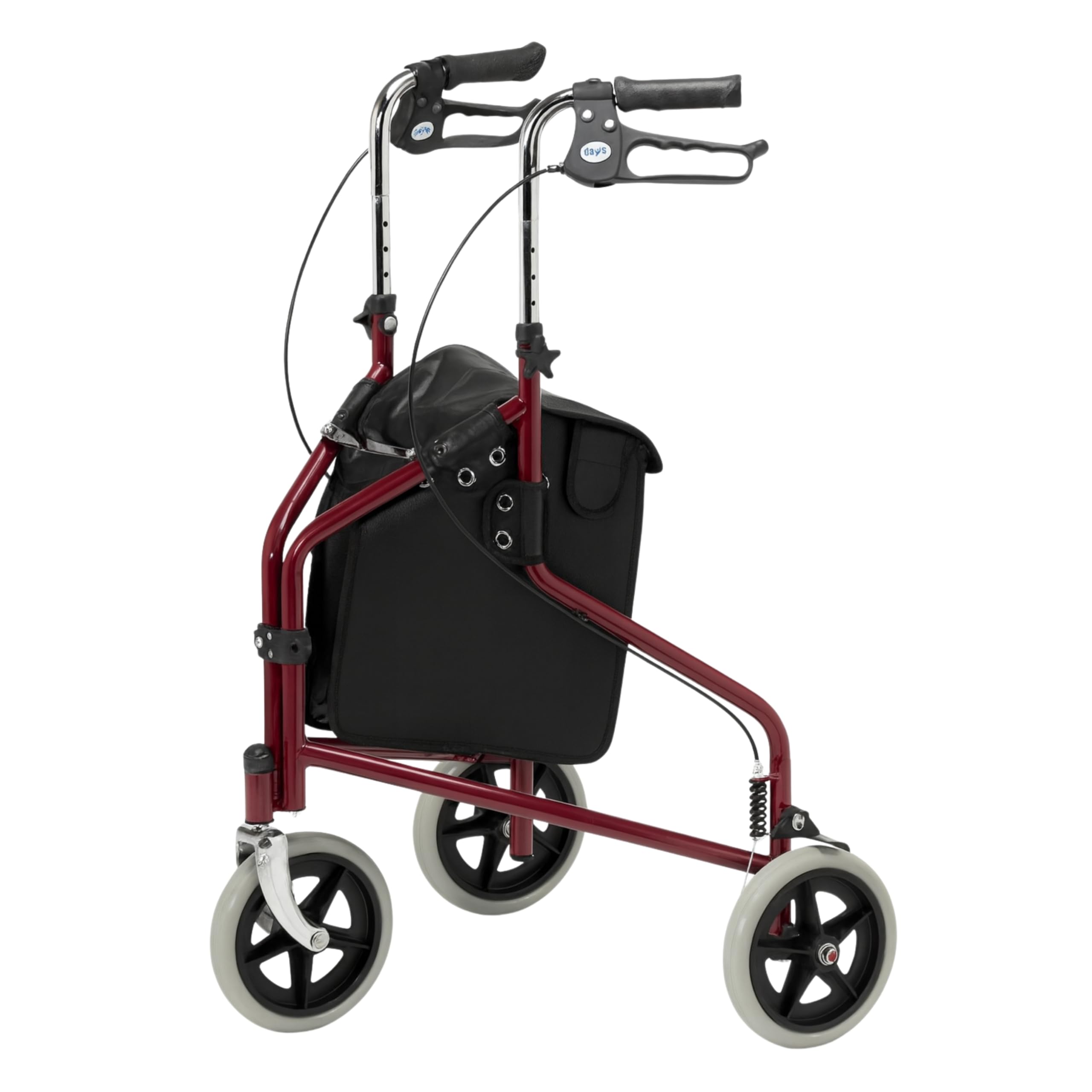 Days Tri Wheel Folding Walker with Loop and Lockable Brakes, Mobility Aid, Easy to Manoeuvre & Height Adjustable, For Eldery and Disabled Users, Red