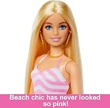 Barbie Blonde Doll with Beach Accessories Pink White Swimsuit Sun Hat Tote view 3