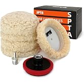 SPTA Wool Polishing Pad, 5Pcs 3"(75mm) 100% Natural Wool Buffing Pad with 1Pc Hook&amp;Loop Backing Pad, 1Pc Extension Shank for Drill Polisher Cutting, Car Body Repair Buffing