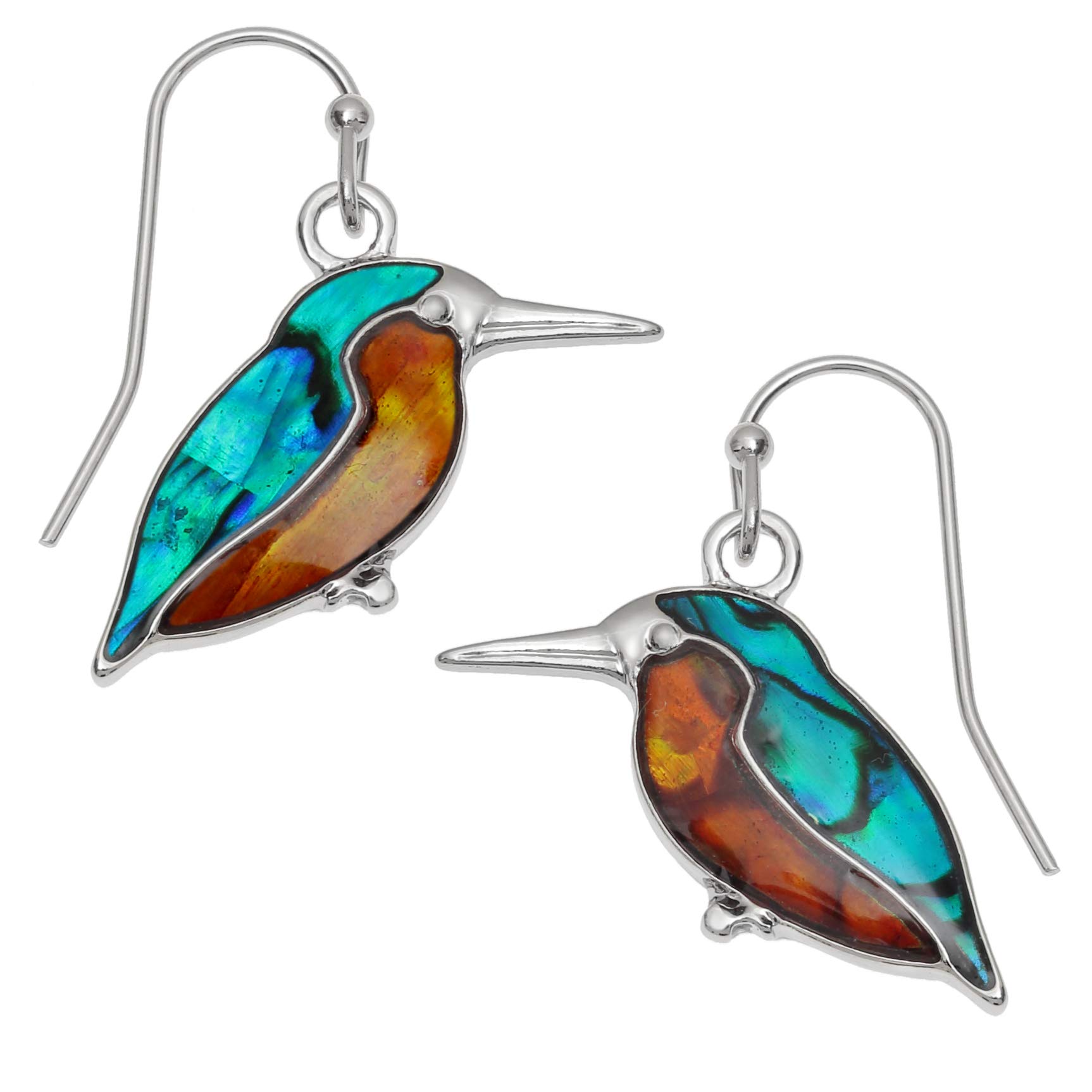 Kiara Jewellery Kingfisher Fishhook Earrings Inlaid With Natural Greenish Blue And Orange Paua Abalone Shell. Hypoallergenic Rhodium Style Plating.
