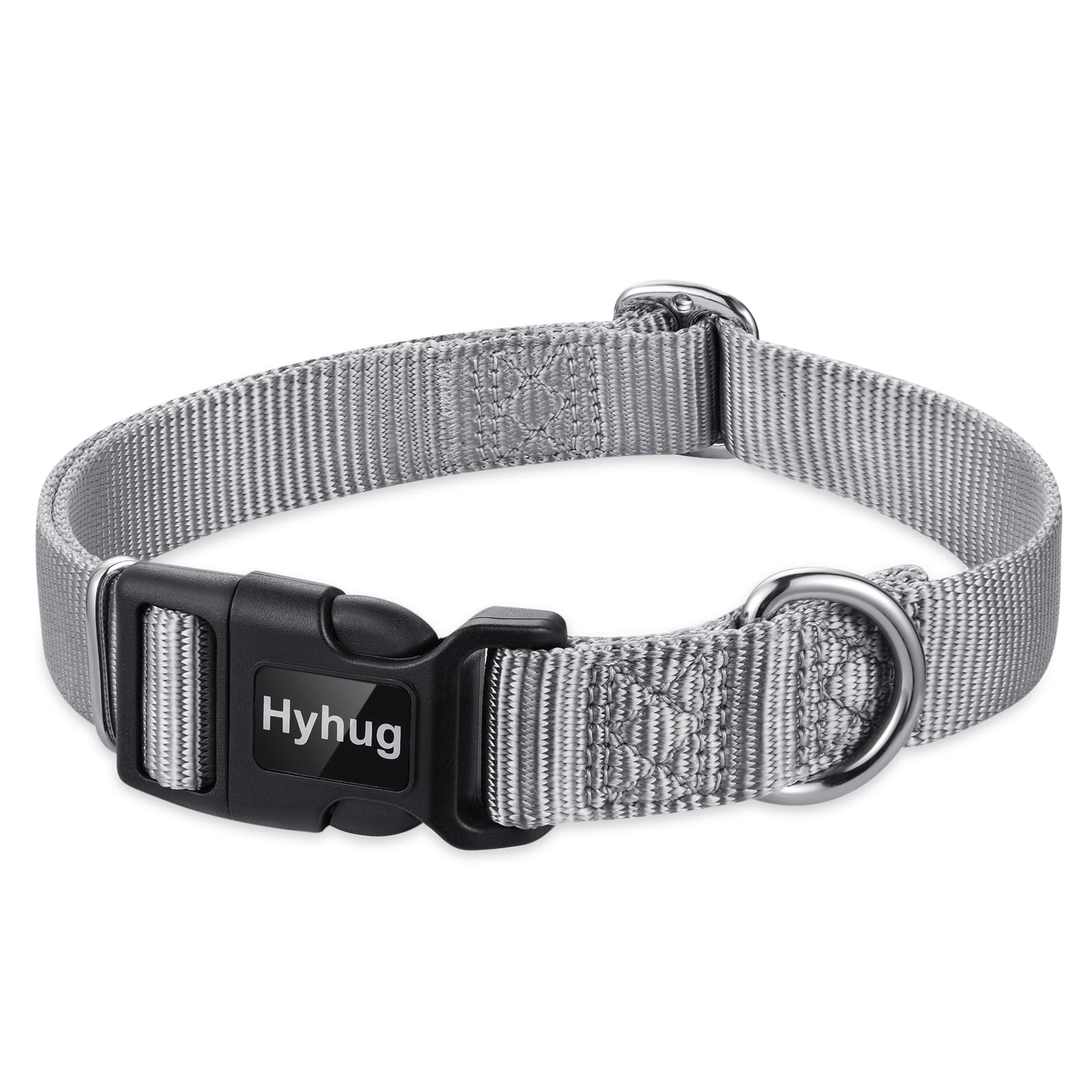 Hyhug Pets Design Solid Color Heavy Duty Classic Basic Nylon Dog Collar, Unique Design Adjustment Triglide Slide (Buckle), Can Install Dog Tag (Medium, Sleet Gray)
