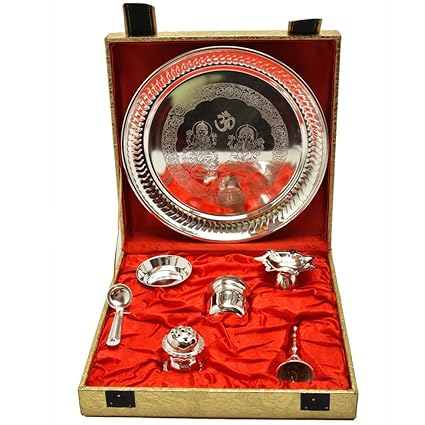 HHI Brass Pooja Thali Set (23.622 x 23.622 x 6.35 cm, Silver)