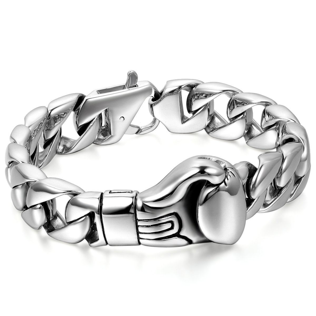 JewelryWe Fathers Day Gift Mens Stainless Steel Boxing Glove Link Bracelet Silver Polished