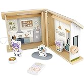 Fisher-Price Wood Pretend Play Toy Dollhouse, 6-Piece Wooden House Playset for Travel Preschool Kids Ages 3+ Years